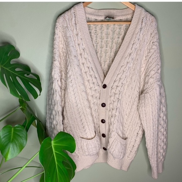 Vintage Jackets & Blazers - Irish Knit Wool Cardigan Sweater Cream Aran M